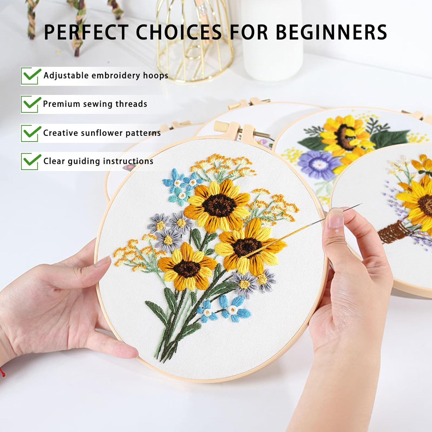 SHIPKEY 4 Sets Embroidery Kit, Beginner Stamped Stitching Kit for Adult, Starter Hand Embroidered Kits with Stamped Patterns | Sunflower image number 2