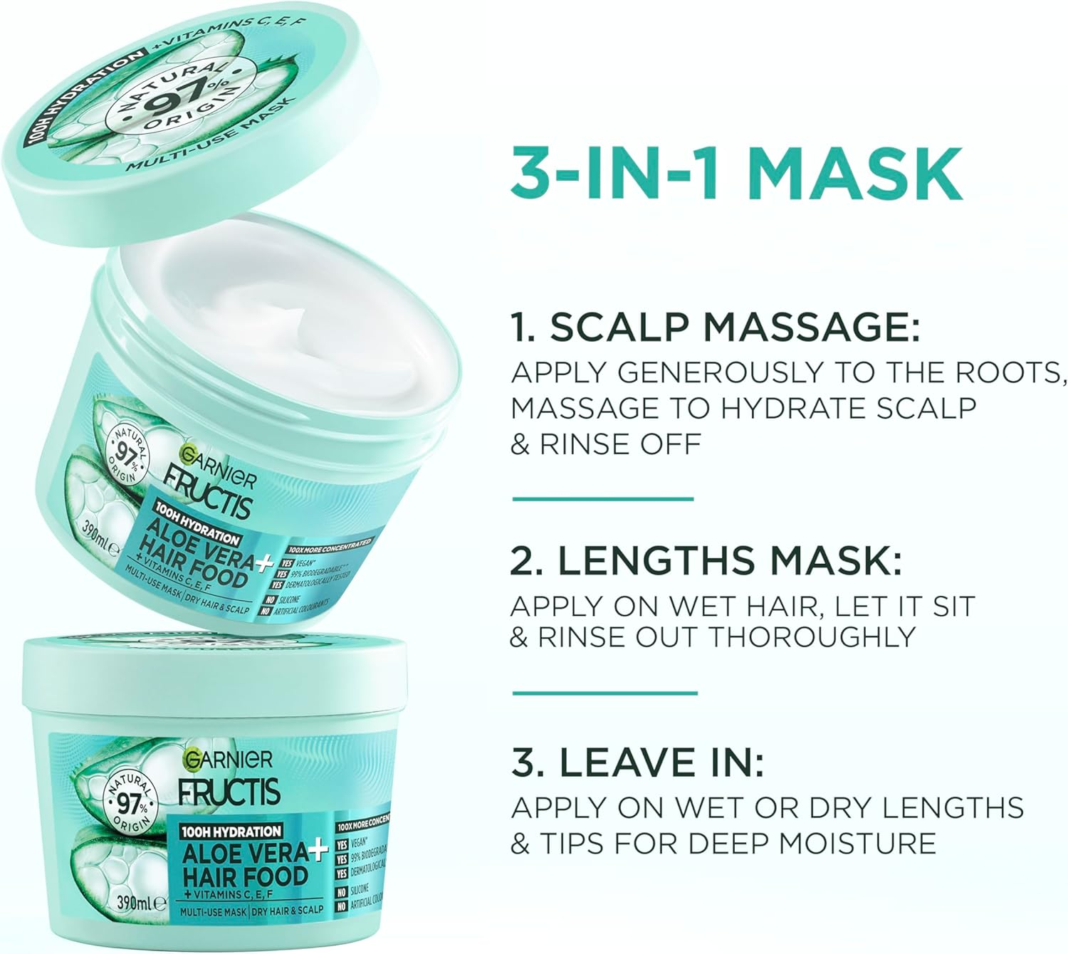 Garnier Fructis, 3-In-1 Hair Mask, Hydrating & Increases Shine, Hair Food Aloe Vera, 390Ml image number 5