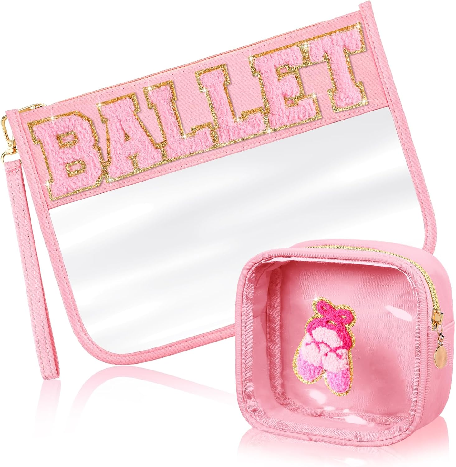 Hillban 2 Pcs Ballet Gifts Chenille Letter Bags Preppy Patch Makeup Bag Flat Clear Pouch PVC Organizer Purse Waterproof Travel Cosmetic Bag Portable Bag for Women Girl (Ballet Theme), Pink image number 1