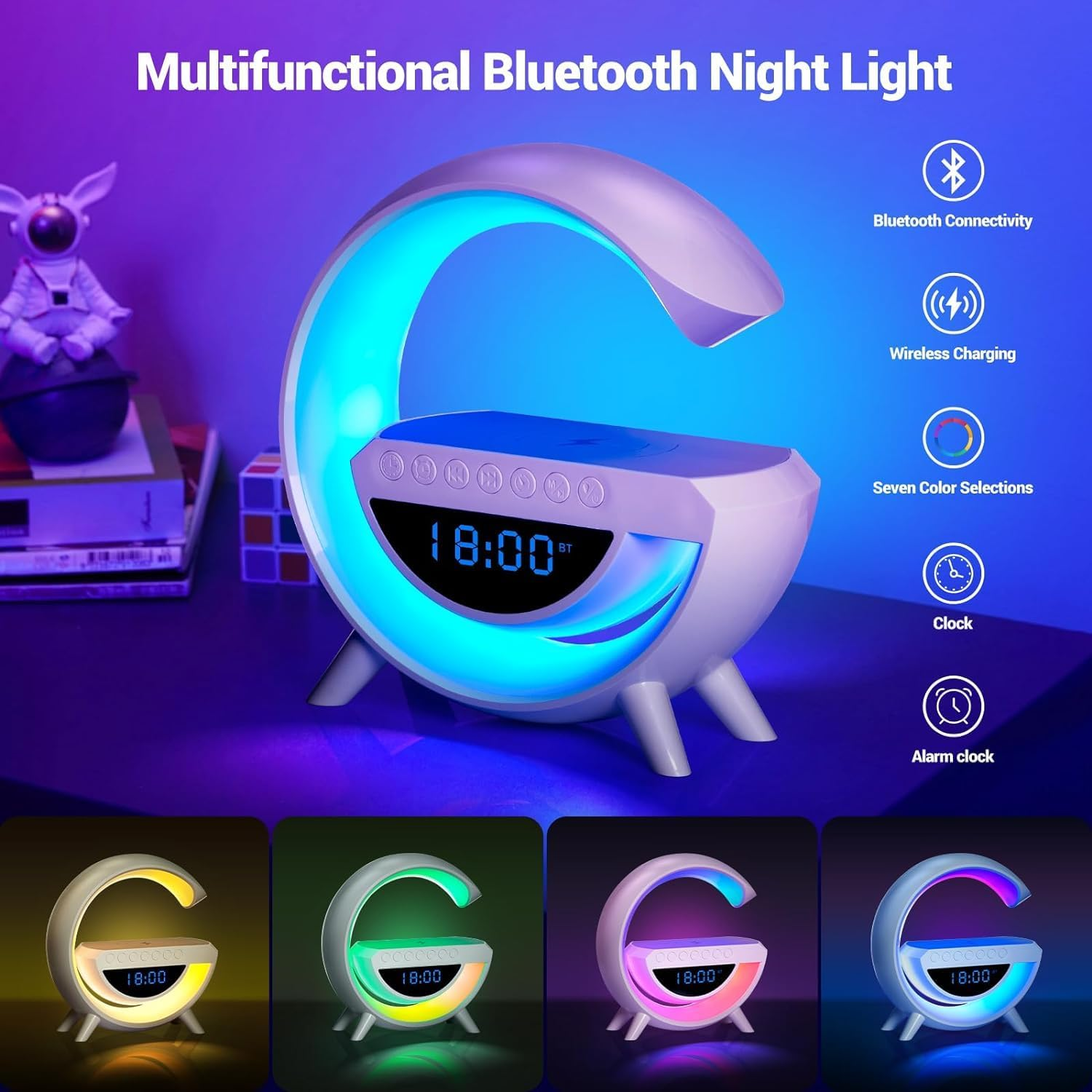 Intelligent LED Table Lamp with Charging Function, Atmosphere Light, Touch Dimmable, Wireless Charger, Bluetooth Speaker, Clock, Radio