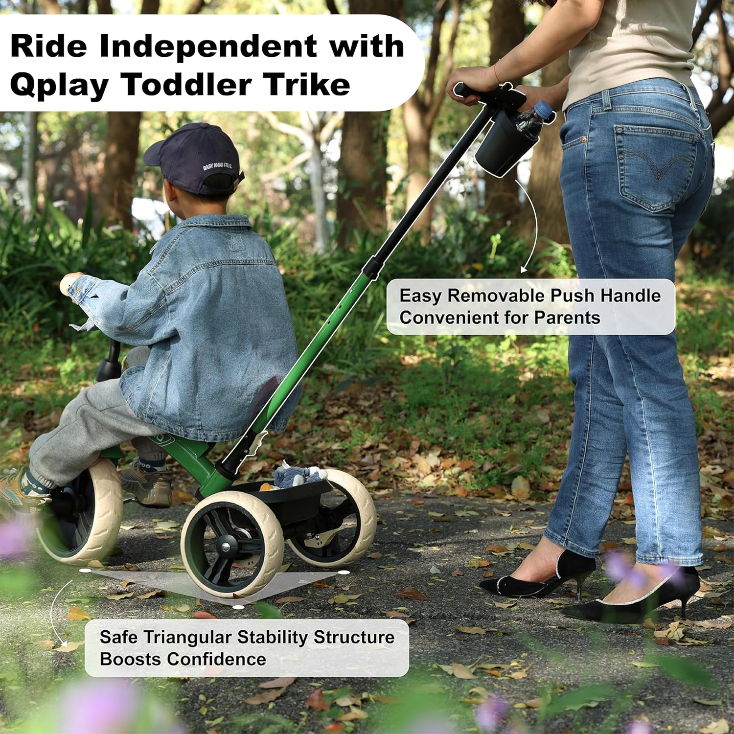 Qplay Toddler Tricycles for 2 to 6 Year Olds-2 in 1 Kid'S Trikes Bike with Push Handles Adjustable & Removable, Push Bike with Toy Storage Basket for Boys & Girls Tricycle Gift (Green) image number 6