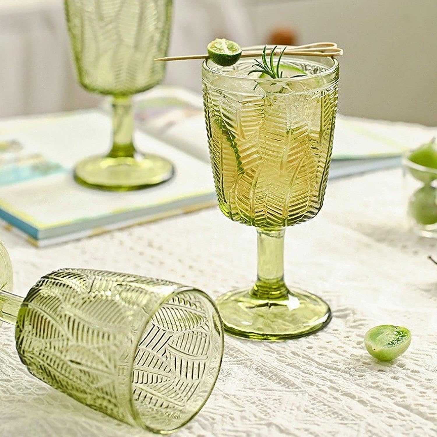 HZIYOU Vintage Green Wine Glasses Set of 4, 11 Oz Colored Glass Drinkware Sets, Embossed Floral Pattern Non-Slip, Unique Vintage Glasses Drinking, Goblet Glasses, Wedding, Party, Bar, Dinner (Green) image number 2