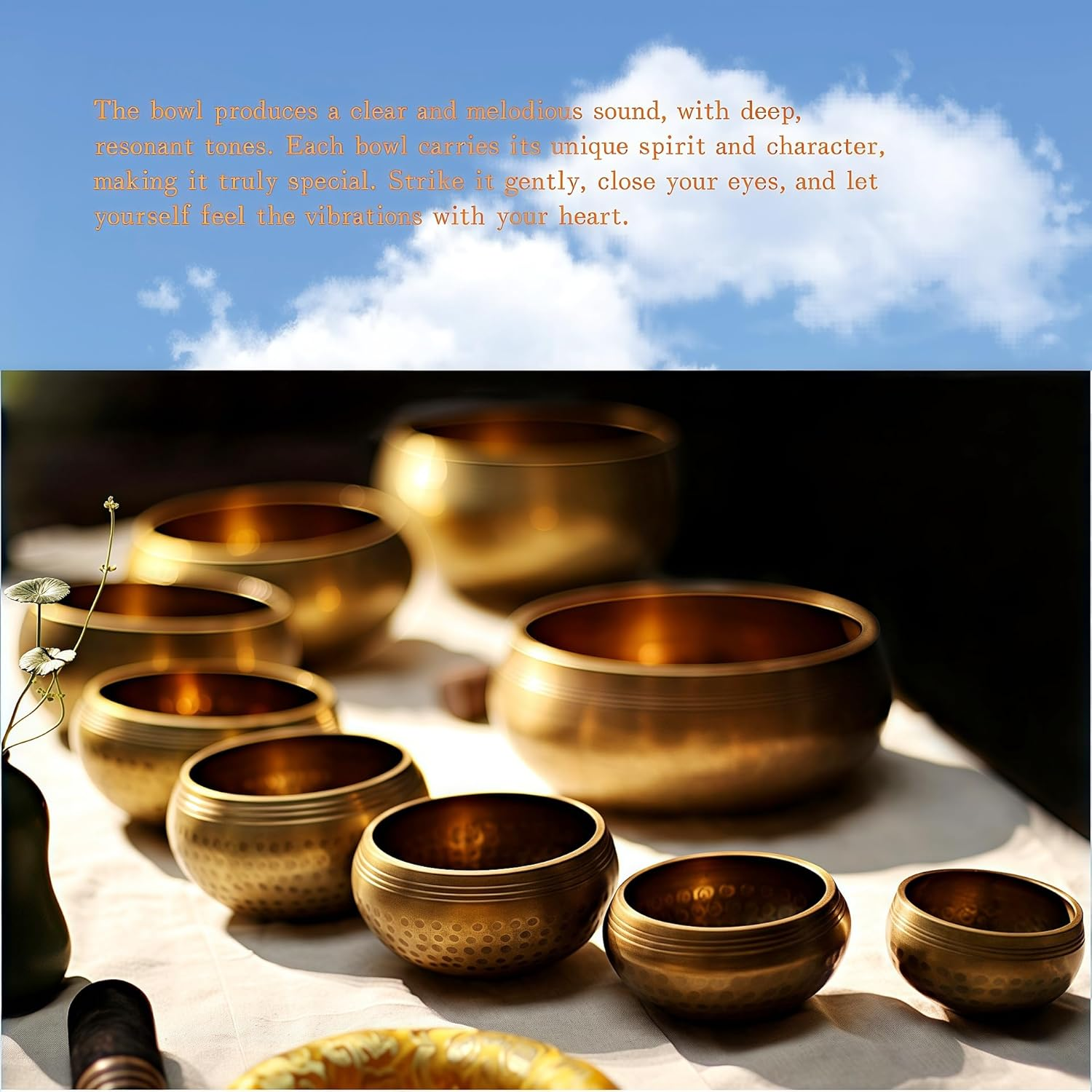 Fay Bless Tibetan Singing Bowl Set - Easy to Play for Beginners - Authentic Handcrafted Mindfulness Meditation Holistic Sound (Gold-8Cm/3In) - Gold-12Cm/4.7In image number 2