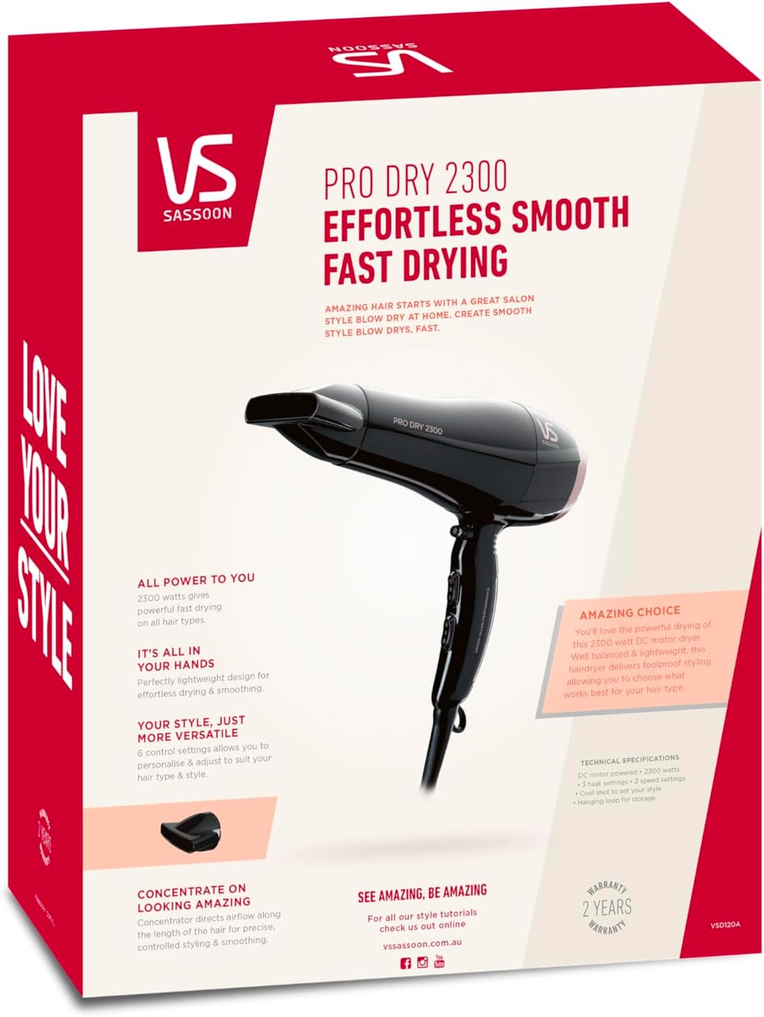 VS Sassoon Pro Dry 2300 Hair Dryer &ndash; 2300W DC Motor, Lightweight Design, 6 Control Settings, Includes Concentrator &ndash; Black image number 2