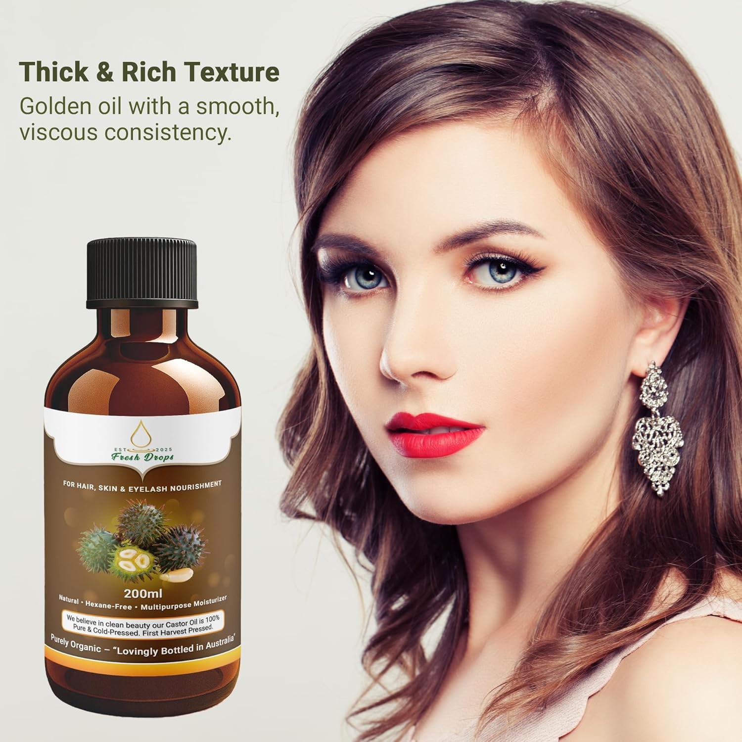 Fresh Drops Organic Castor Oil 200Ml, Pure Cold Pressed, Hexane Free, Fresh Drops- Stimulate Growth for Eyelashes, Eyebrows, and Hair, Smooth Face, and Skin image number 5