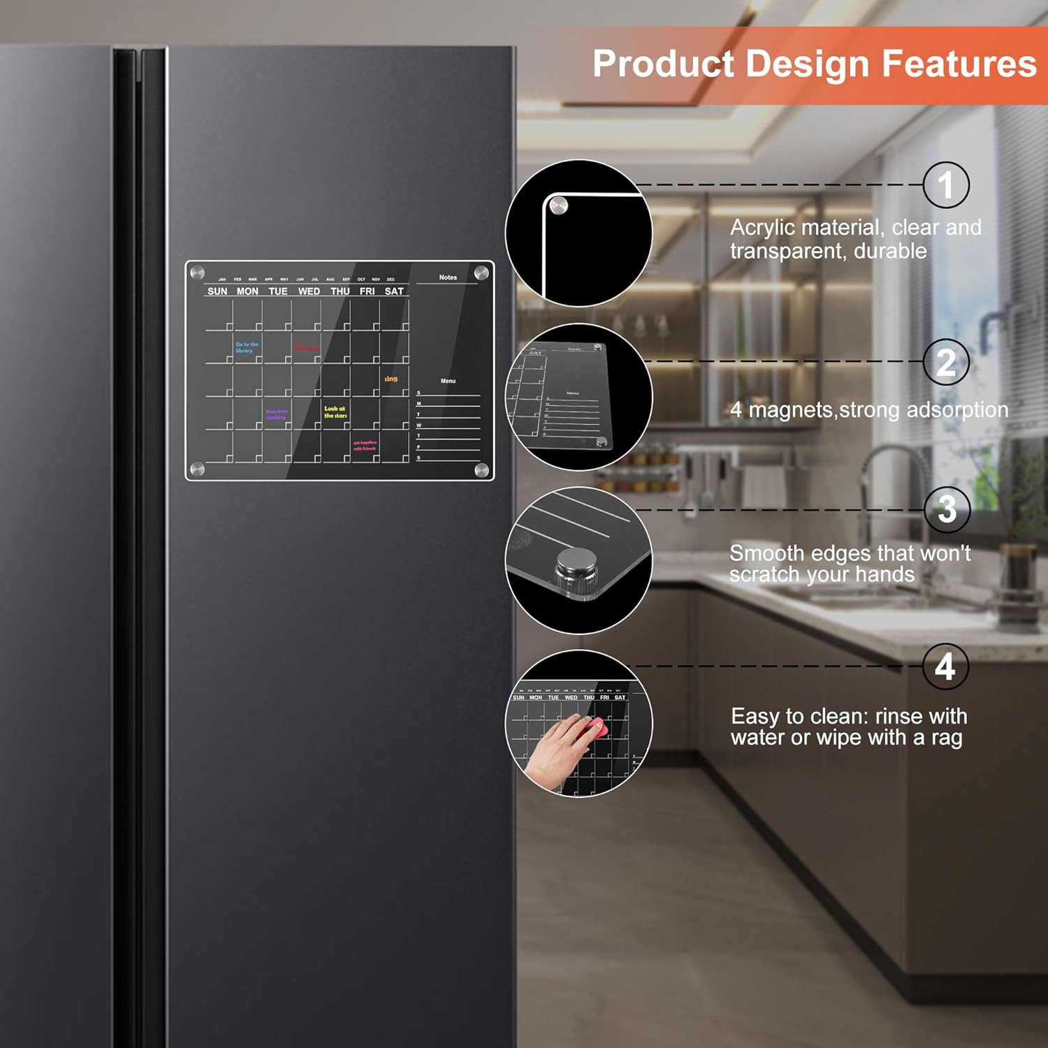 TECDW 1-Pack Magnetic Fridge Calendar 30X24Cm,Acrylic Calendar Monthly Planner with 6 Wet Erase Markers,Magnetic Fridge Planner for Home,Office,Kitchen image number 2