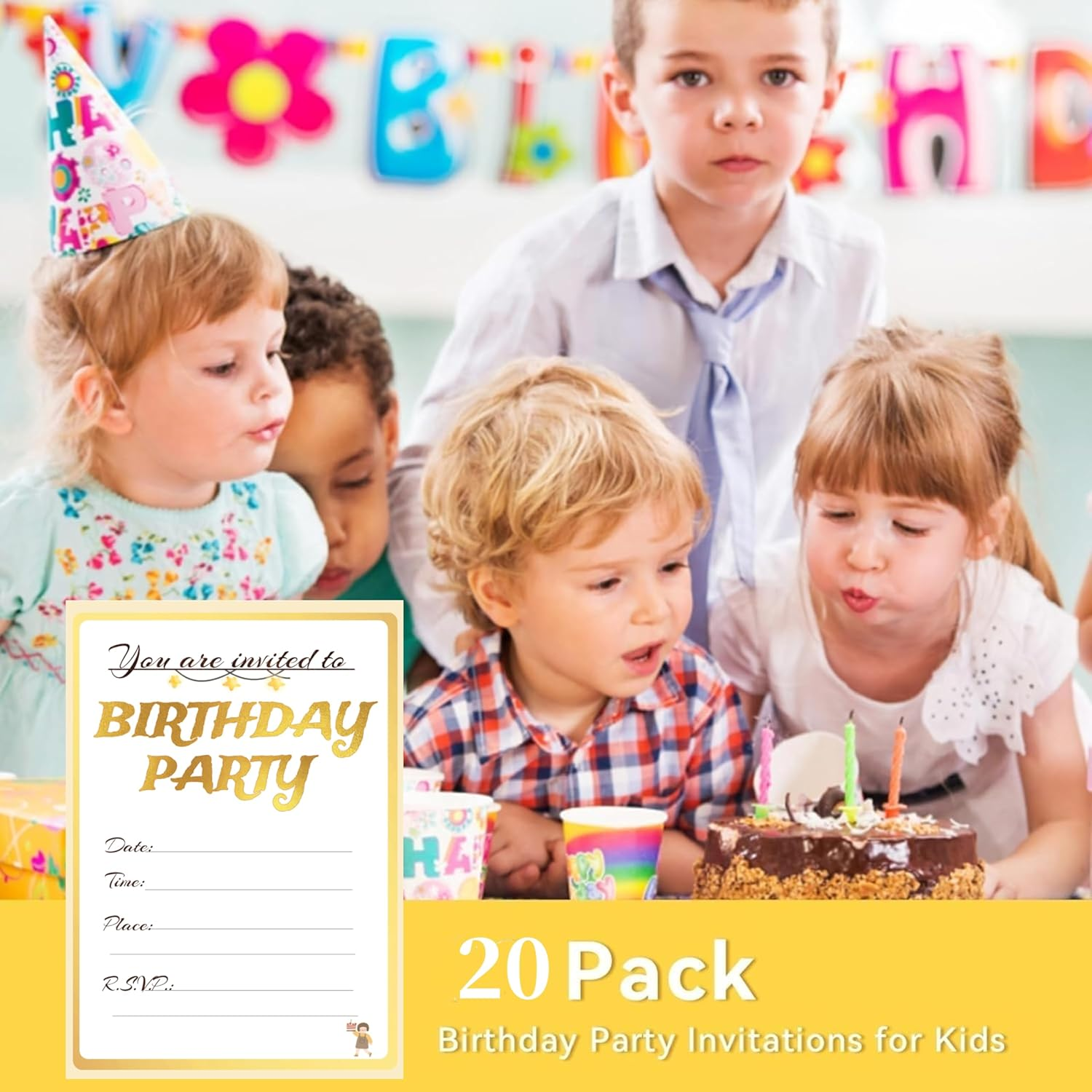 20 Birthday Invitation Cards with Envelopes,Uniquely Designed Birthday Cards for Children,Men, Women and Kids (Golden) - Colorful image number 4