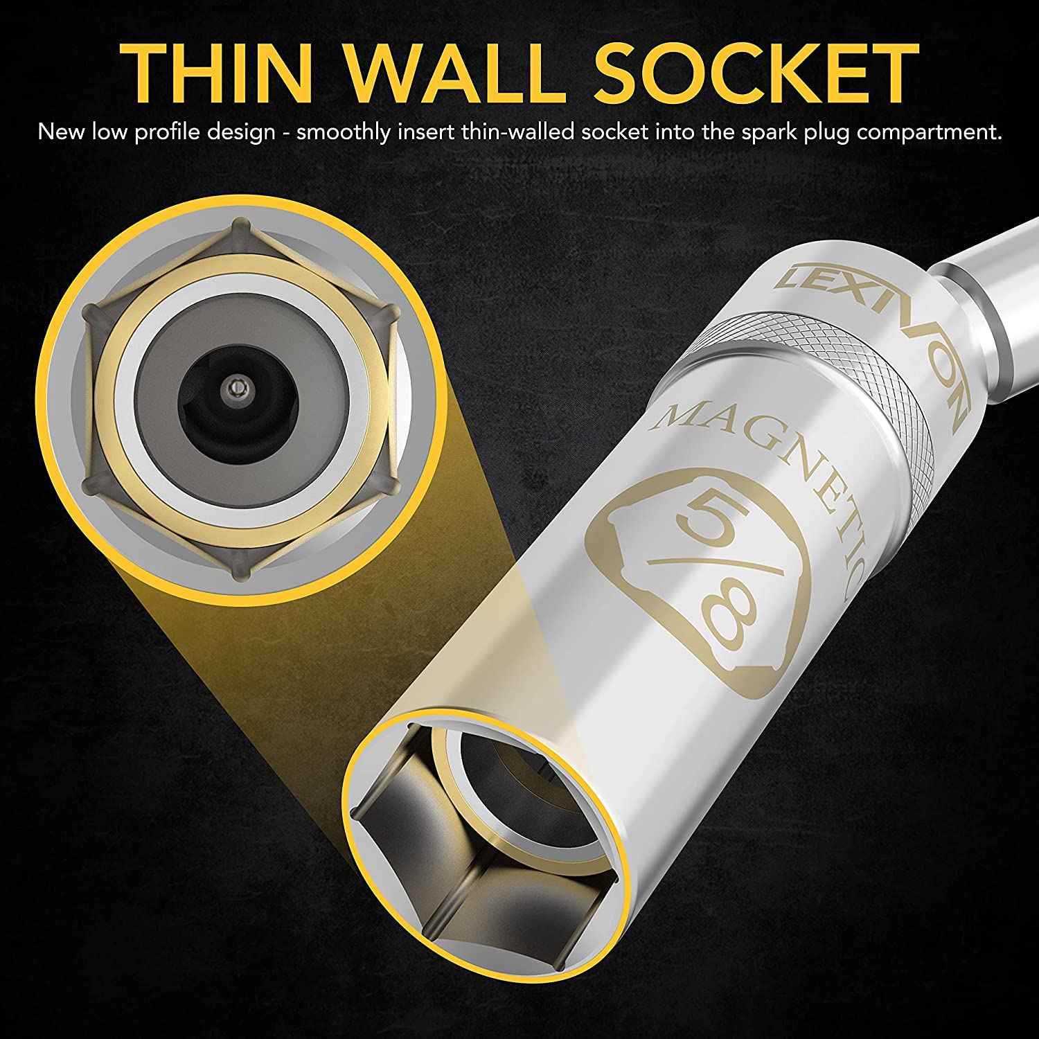 LEXIVON 5/8" Swivel Magnetic Spark Plug Socket, 3/8" Drive X 6" Total Length | Enhanced Magnetic Design with Thin Wall Socket, Cr-V Steel (LX-121) image number 1