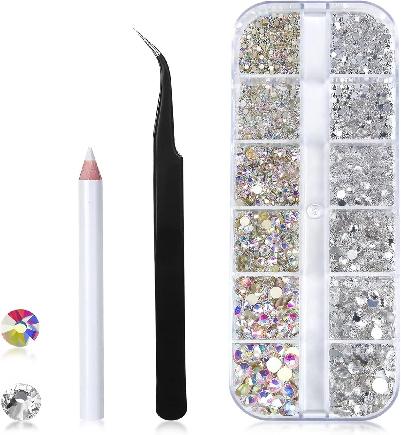 Nail Rhinestones Bedazzling Kit 2400Pcs &ndash; 6 Sizes (1.5-4.5Mm) AB Flatback Nail Gems, Rhinestones for Bedazzling with Storage Box, Wax Pencil & Tweezers, Nail Tech Supplies & Nail Accessories