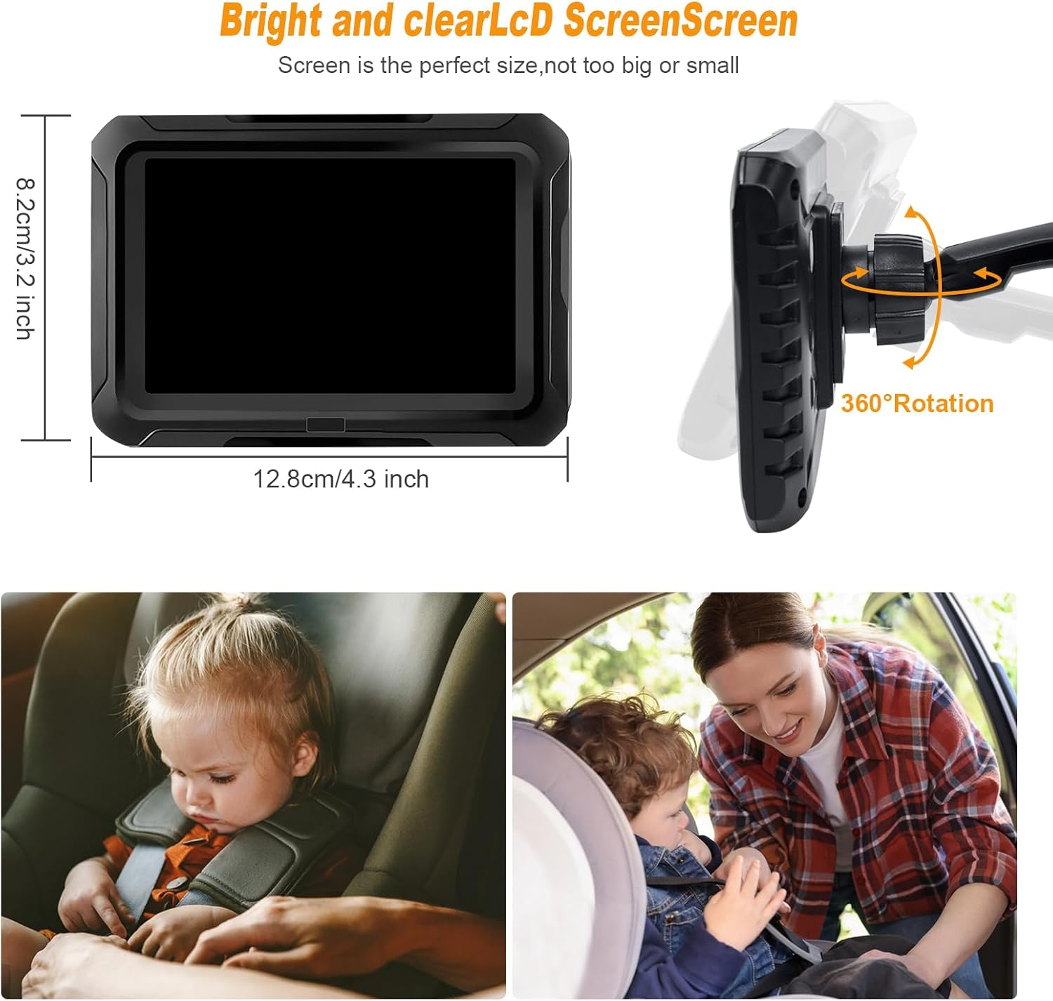 Baby Car Camera, 4.3 Inch HD 1080P Display, 150 Degree Wide Angle, 360 Degree Adjustable, Easy Headrest Mount, Real-Time Rear Seat View, Safe Driving Monitor for Infants image number 5