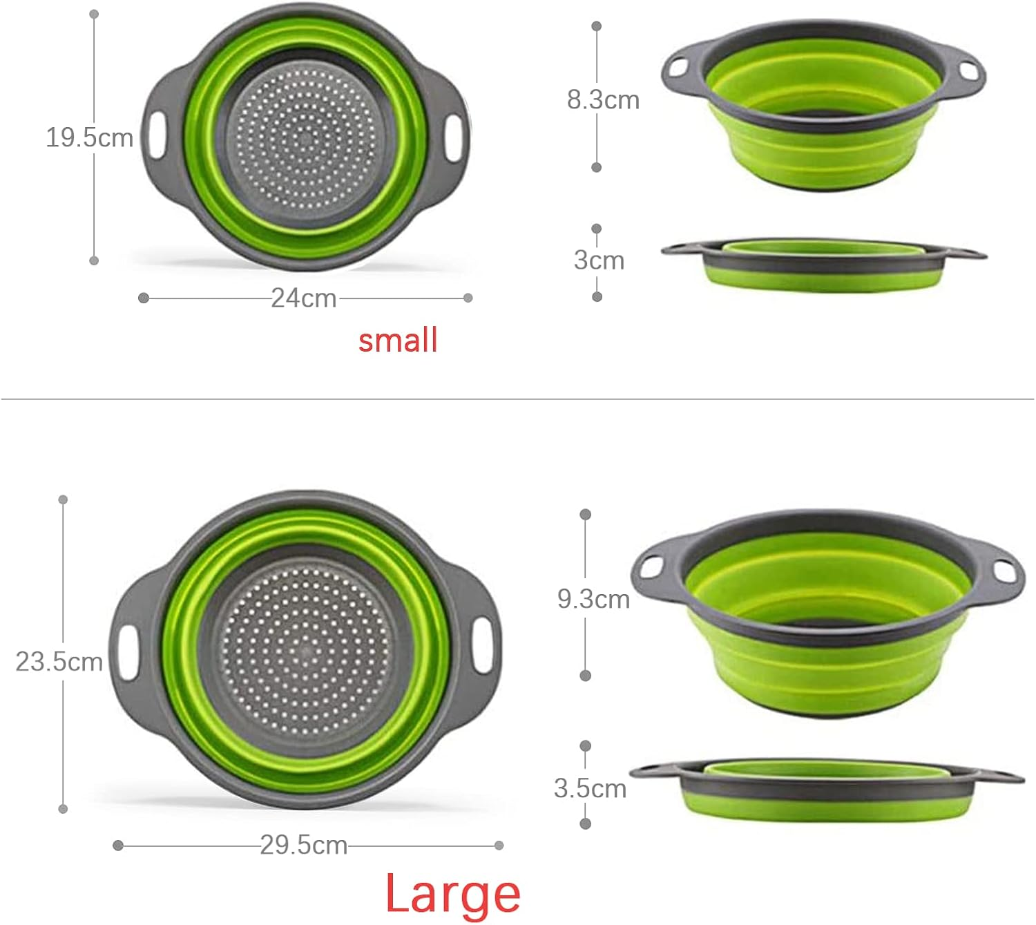 Collapsible Colander Set,Silicone Collapsible Strainer for Draining Pasta Spaghetti Fruits and Vegetables Colander Collapsible 1 Large & 1 Small Sizes Kitchen Mesh Strainers Tool Folding Colanders (Green) image number 3