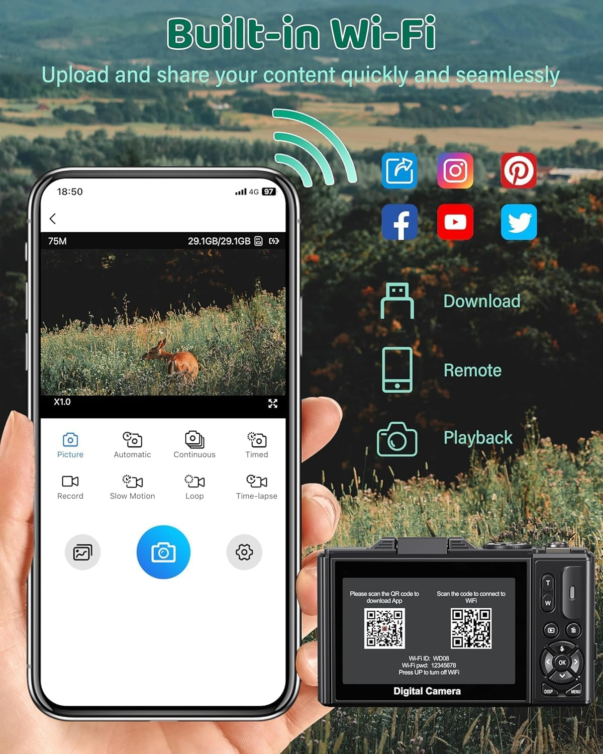 Quintin Digital Cameras for Photography 5K - 72MP Vlogging Camera for Youtube Wifi - UHD Autofocus Vlog Camera 3" 180&deg; Flip Screen with 18X Zoom (Black) image number 5