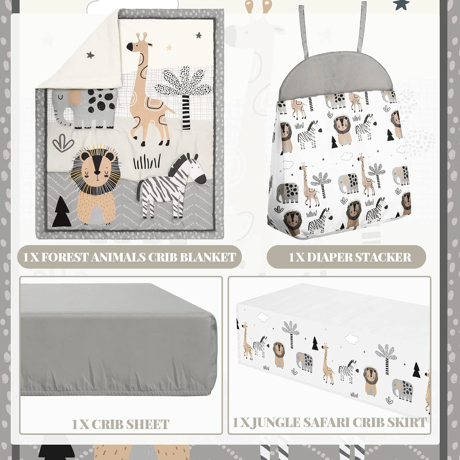 4 Piece Woodland Forest Animals Crib Bedding Set, Including Jungle Safari Crib Skirt, Blanket, Nursery Bed Sheet and Diaper Stacker, Soft Neutral Nursery Standard Size Baby Bedding for Baby Girls Boys image number 6