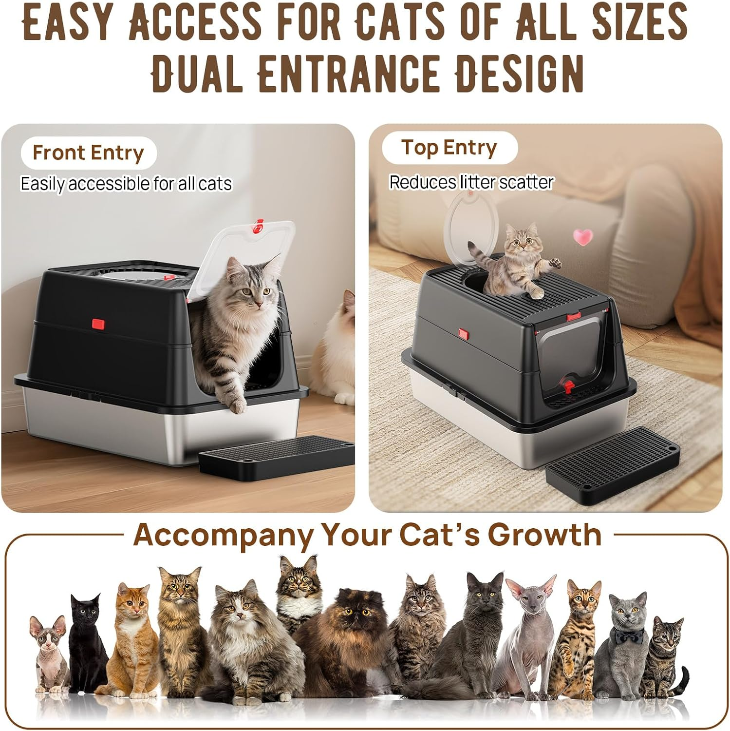 Stainless Steel Cat Litter Box: Enclosed Cat Litter Boxes with Lid - Extra Large Metal Kitty Litterbox with High Sides Top Entry XL Litter Pan Tray for Big Cats Anti-Leakage(Xl Black) - Black New image number 4