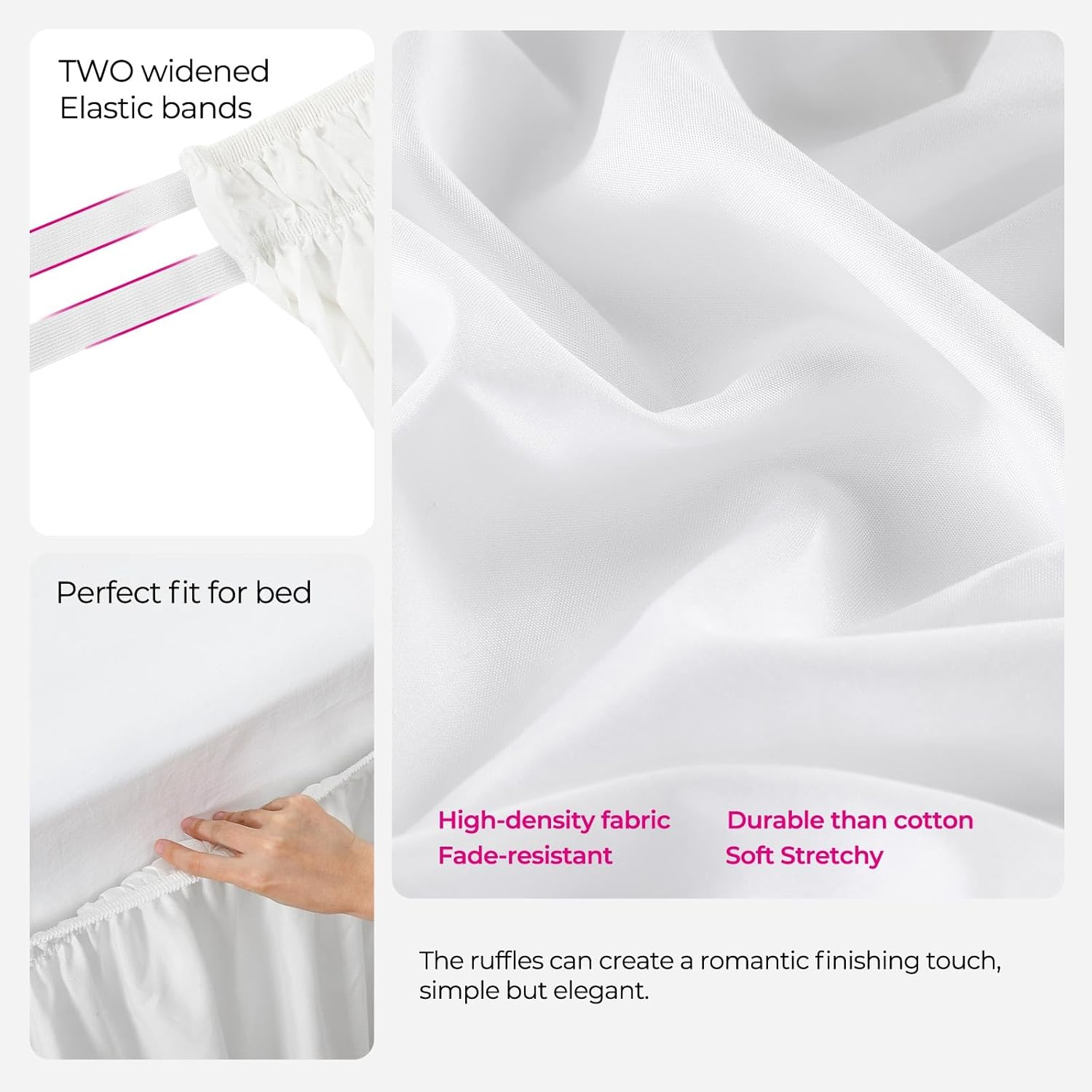 Bed Skirt Queen Size White Bed Skirt 14 Inch Drop, Wrap around Elastic Adjustable Bedskirt, Dust Ruffle for Bed Frame & Box Spring Soft Durable Fabric Machine Washable Easy to Install image number 6