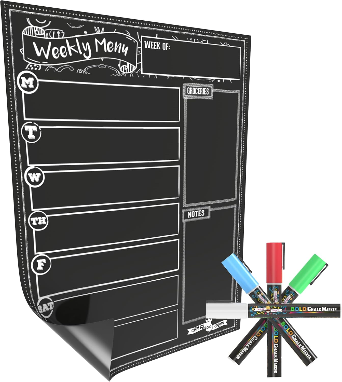 Magnetic Dry Erase Menu Board for Fridge Includes 4 Liquid Chalk Markers - Weekly Meal Planner Blackboard, Grocery List and Notepad for Kitchen Refrigerator - Chalkboard Magnet image number 3