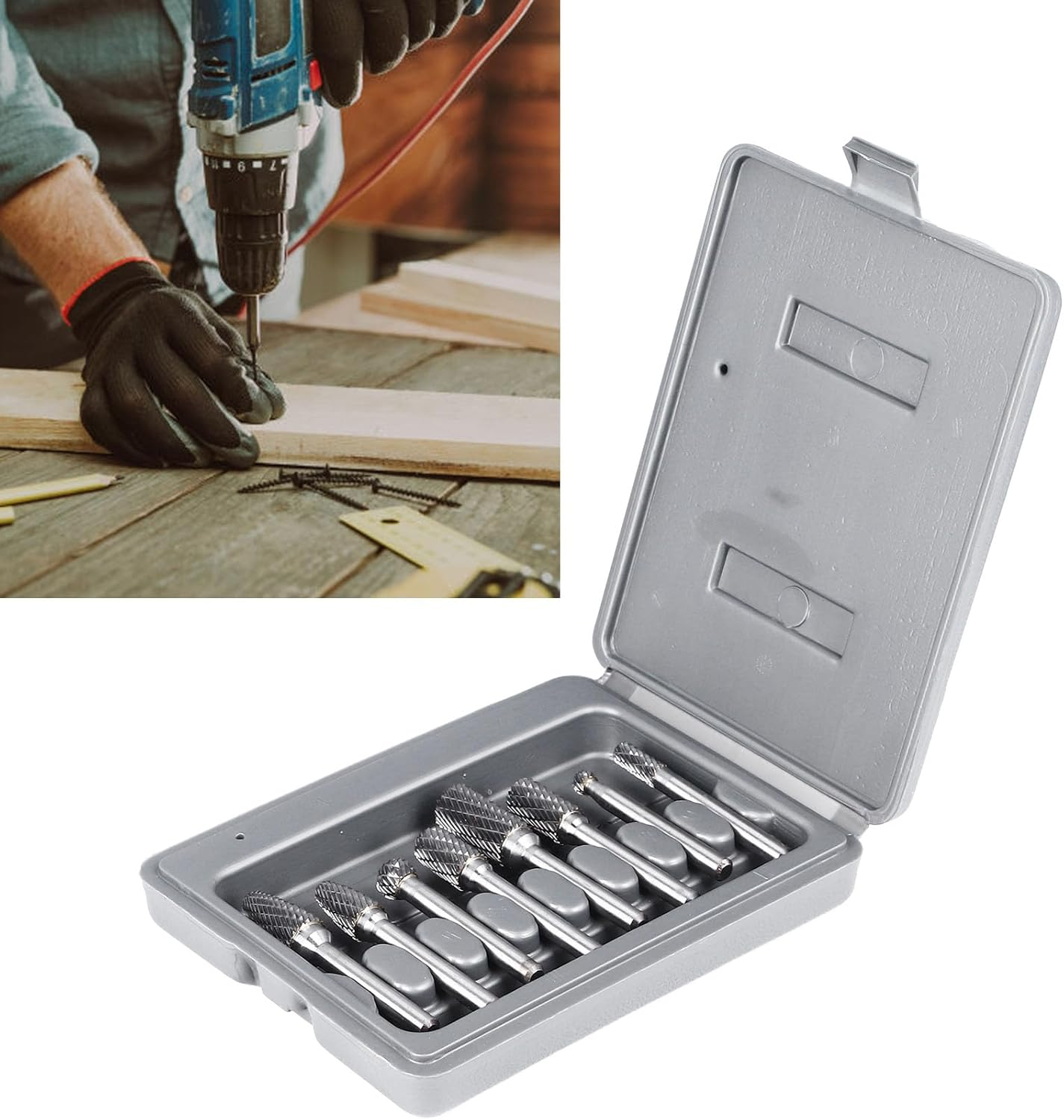 8PCS Tungsten Steel Carbide Burr Set,Double Cut Solid Power Tools Tungsten Carbide Files Bits for Die Grinder Metal Wood Carving Engraving Polishing Drilling Grinding image number 1