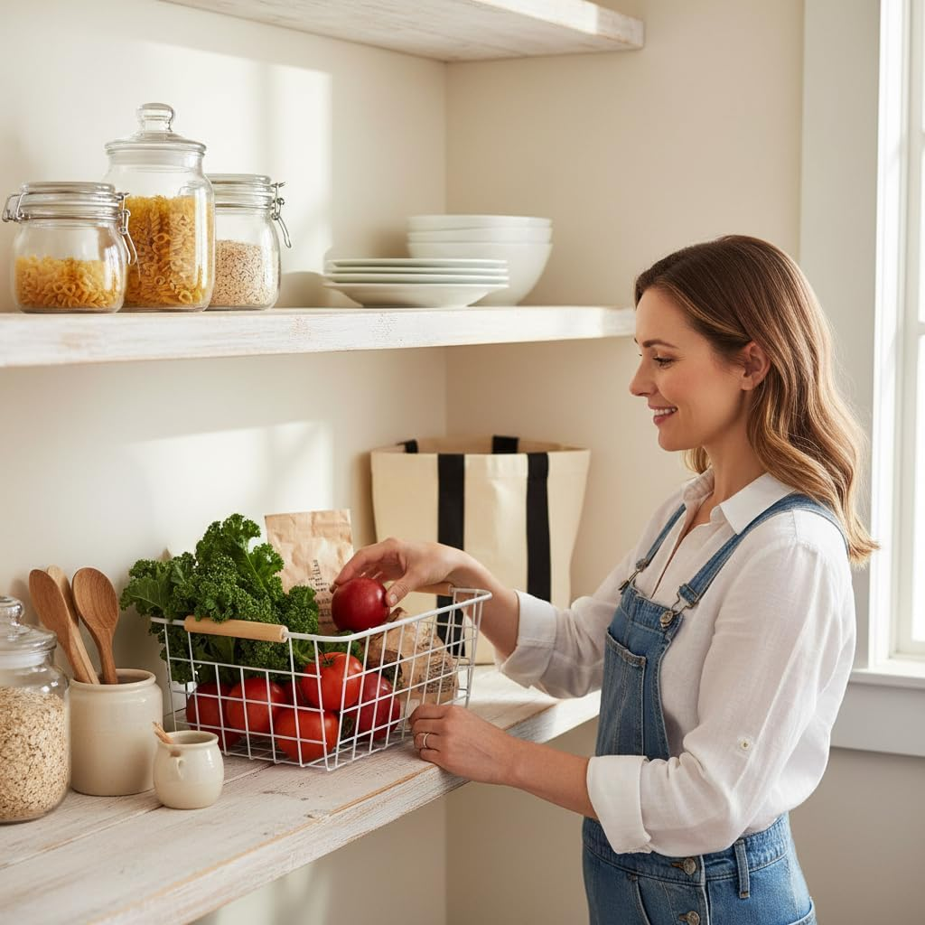 ZRAZ Kitchen Wire Baskets Farmhouse Decor Metal Wire Food Storage Organizer, Household Refrigerator Bin with Built-In Handles for Cabinets, Pantry, Bathroom, Laundry Room, Garage,Set of 4 (White) image number 6