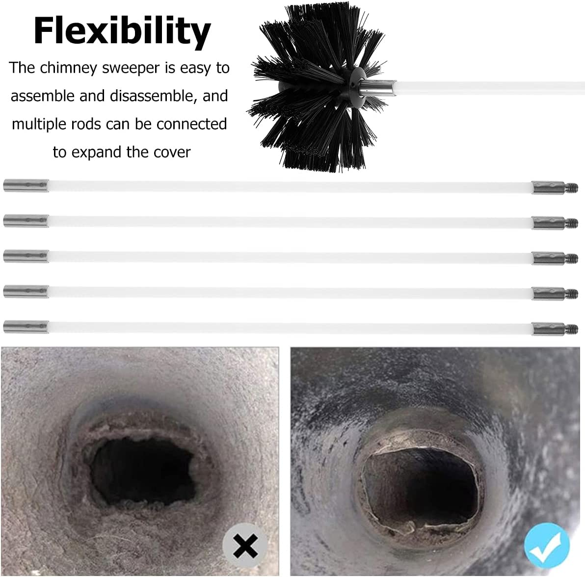 11Pcs Chimney Cleaning Brush Kit, 15FT Duct Vent Cleaning Brush Kits with Nylon Brush Heads and Rods Detachable Chimney Sweep Set Kit for Fireplace Dryer Vent Sewage Pipe Fume Hood