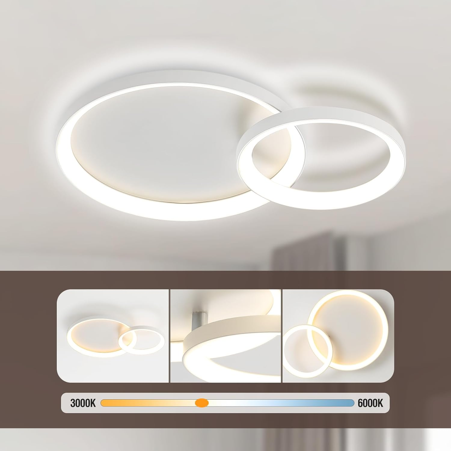 RRBEST LED Ceiling Light Living Room Ceiling Light, 28 W/57 Cm Dimmable Modern Living Room Lamp with Remote Control, 3000 K - 6000 K, Black 2-Ring Design Bedroom Lamp for Dining Room, Study image number 6