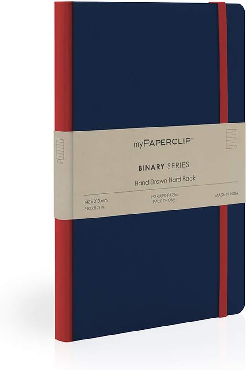 Mypaperclip Binary Series Notebook, Section Thread Bound, Hand Drawn Hard Cover, A5 (148 X 210 Mm, 5.83 X 8.27 In.) Plain, BSH192A5-P Black Hard Cover, Red Spine