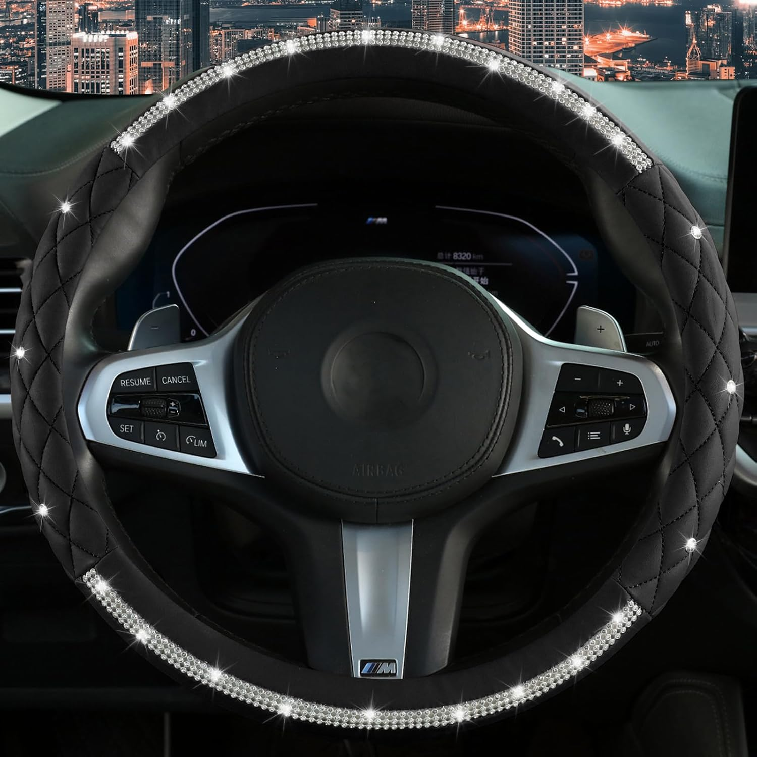 New Diamond Leather Steering Wheel Cover with Bling Crystal Rhinestone, Delicate and Anti-Slip Sparkly ，Fit 14" 1/2-15" Car Wheel Protector for Women Girl ，Black & White Diamond