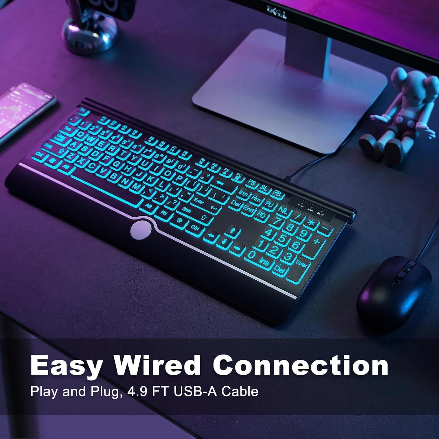 Computer Wired Keyboard, Large Print Backlit Keyboard with Wrist Rest, 7-Colors Backlit, Plug and Play, Foldable Stands, Spill-Resistant, Corded Full Size Keyboard for Windows, PC, Laptop (Large)