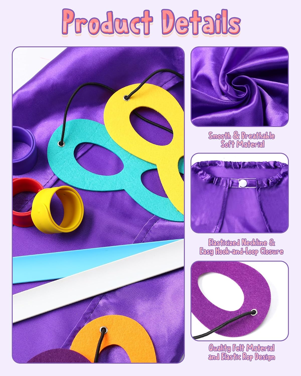 Jenaai Bulk Heroic Capes and Masks for Kids Boys Girls with Slap Bracelets Dress-Up Group Costumes Christmas Party Gifts image number 3