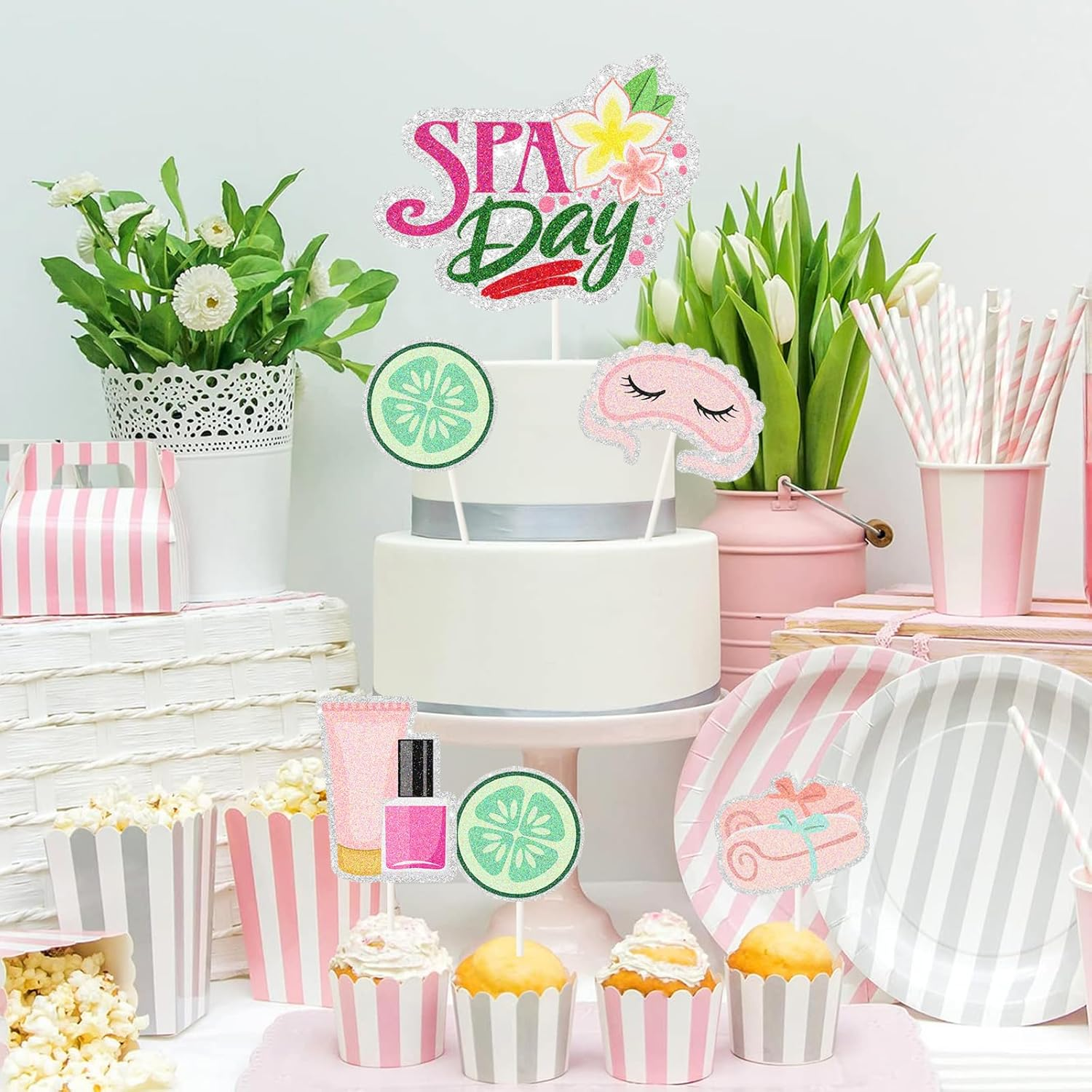 6Pcs Spa Party Cake Toppers -Sweet Pink Princess Makeup Birthday Cake Decor - Spa Day Make up Theme Party Decoration image number 3