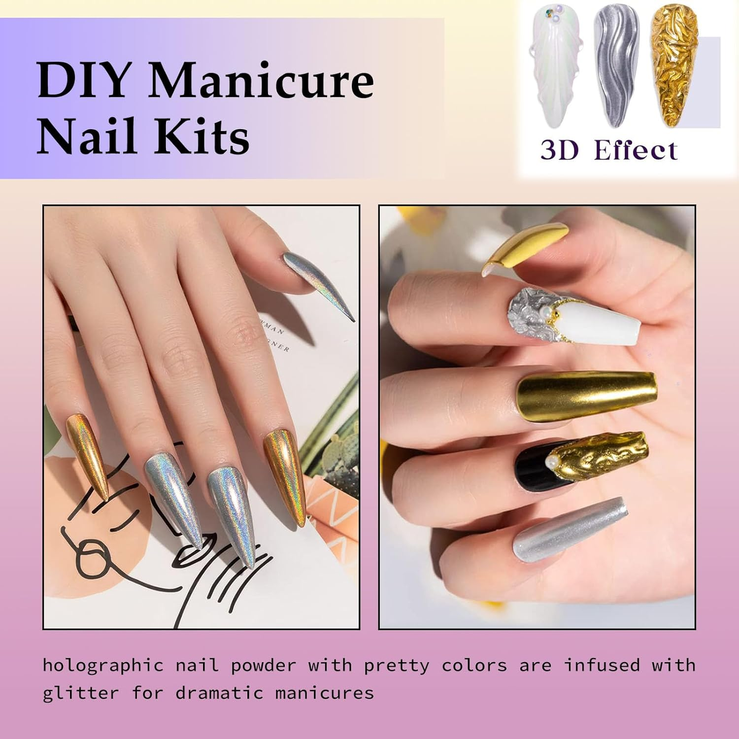 Lyvixora Chrome Nail Powder &ndash; Gold & Silver Iridescent Pearl Chrome Powder, Holographic Mermaid Glitter Pigment for Nails, Aurora Mirror Effect, 6 in 1 Set image number 3