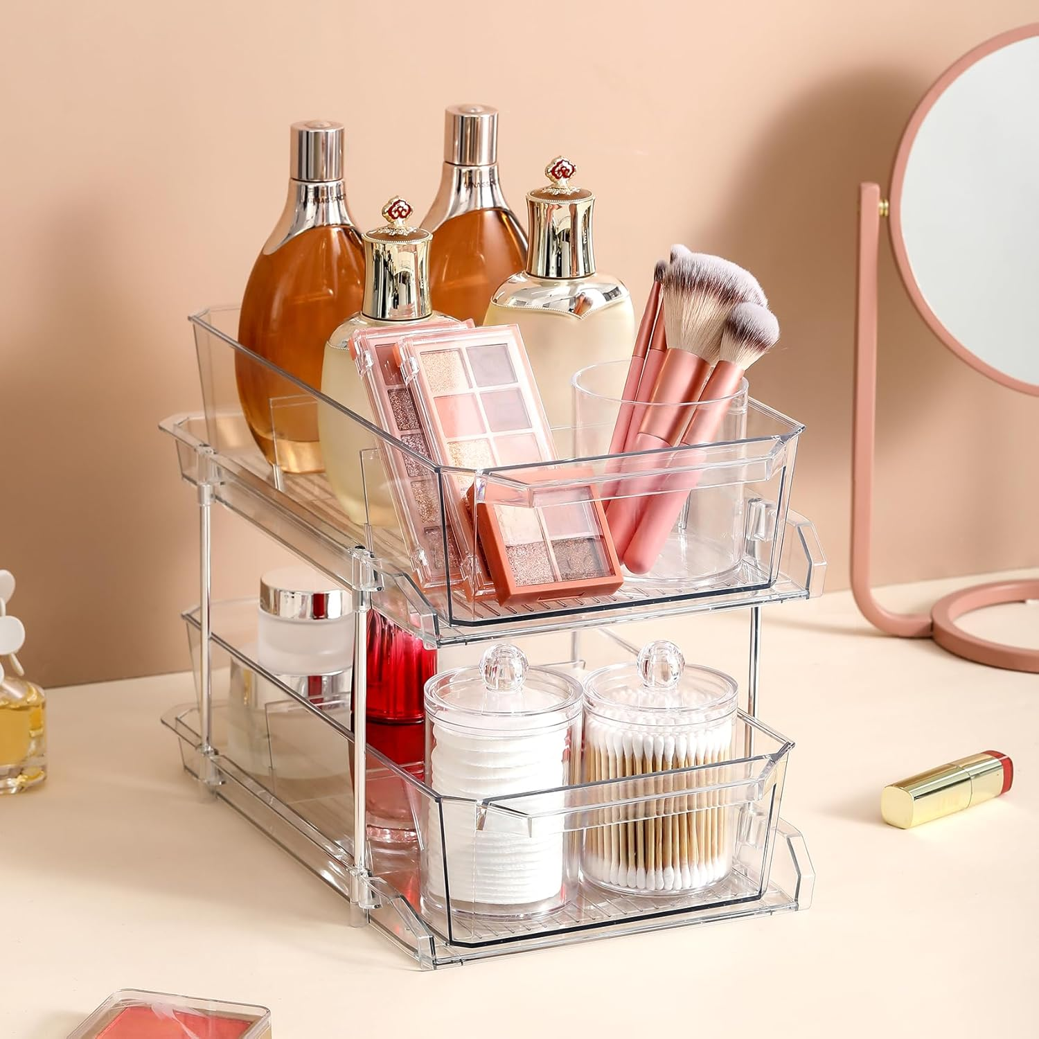 2 Set, 2 Tier Clear Organizer with Dividers for Cabinet / Counter, Multiuse Slide-Out Storage Container - Kitchen, Pantry, Medicine Storage Bins, Bathroom, Vanity Makeup, under Sink Organizing