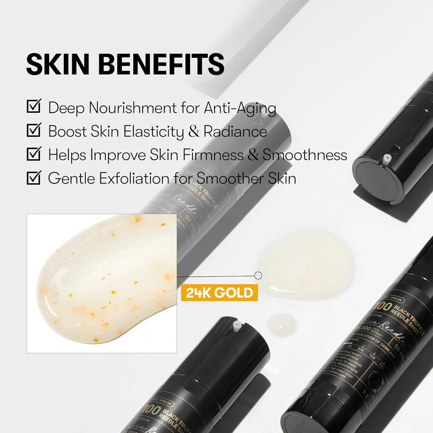 VT COSMETICS Black Truffle Reedle Shot 100, Spicule Microneedling Serum, Anti-Aging Exosome Serum with 24K Gold, Exfoliation, Smooth & Glass Skin, Korean Skin Booster, 1.69 Fl. Oz. (50Ml) image number 6