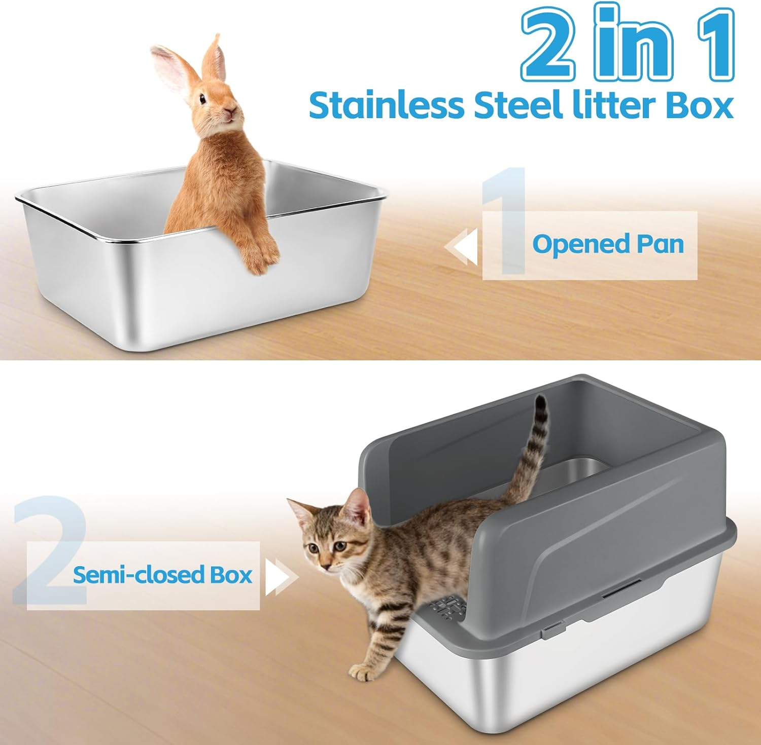 Bartuke 2 Pack Kitty Stainless Steel Litter Box, Large Rabbit Litter Box with Scoop, Small Animal Toilet for Kitten, Rabbit, Guinea Pigs, Hamster(Dark Grey & Light Grey) - Dark Grey  Grey image number 4