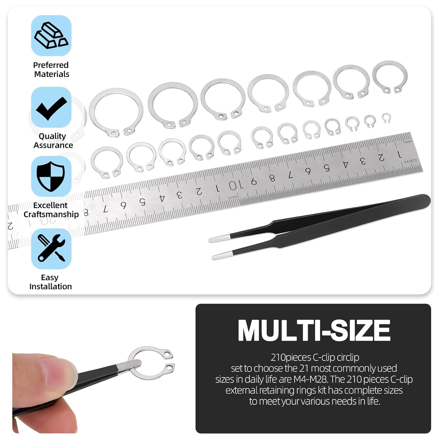 Glarks 211Pcs 21 Sizes C-Clip External Retaining Rings Assortment Set, 304 Stainless Steel 4MM-28MM Snap Ring Shop Assortment Circlip Retainer Rings with a Tweezer for Axles, Shafts and Moving Parts