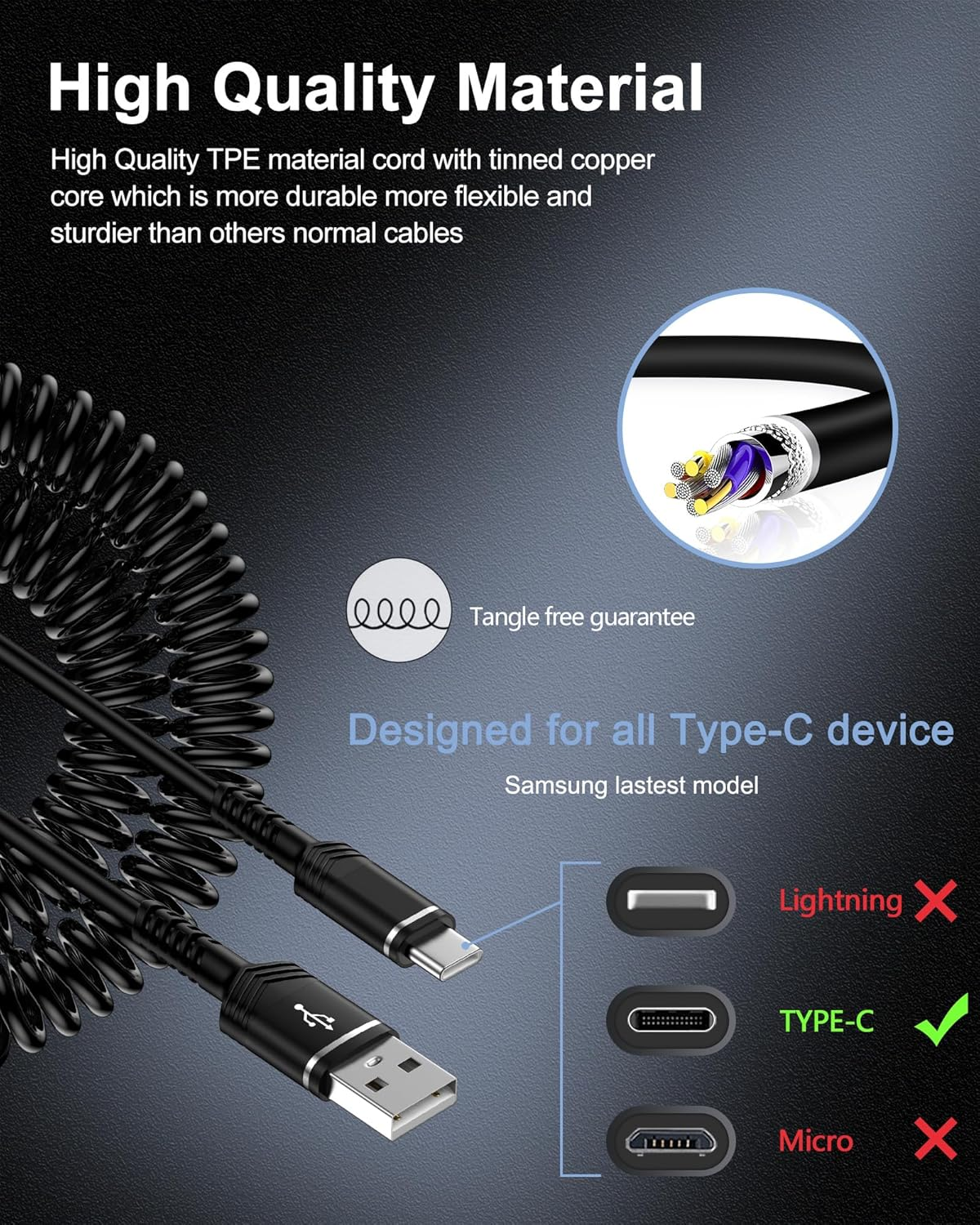 USB to USB C Cable Coiled Auto Wire, Type C Car Phone Charger Fast Charging Cord for Iphone 16E 15 Pro Max/16 Pro/16 Plus/Galaxy/Pixel, Retractable USB-C Power Line for Apple Carplay & Android Auto image number 6