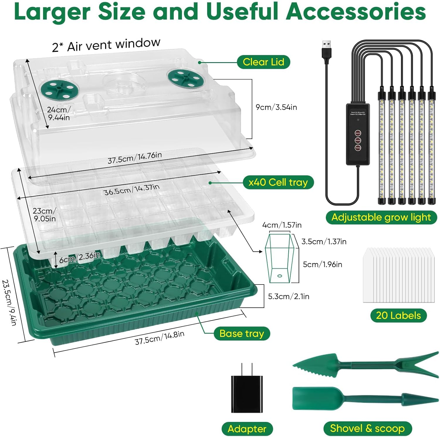 Kitchess 3 Pack Seedling Tray 120 Cells, Seed Starter Tray with 6 LED Plant Grow Lights, Seed Starter Germination Kit with Humidity Dome, Adjustable 5 Brightness Modes & 3 Timing image number 1