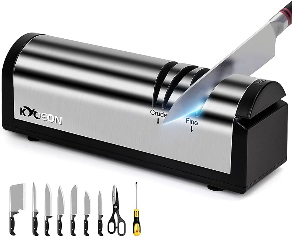 Rechargeable Electric Knife Sharpener, KYOEON Versatile Diamond Hone Professional Knife Sharpener for Straight Edge Knives,Scissors and Slotted Screwdriver,15 Degree 4-Stage(Silver)