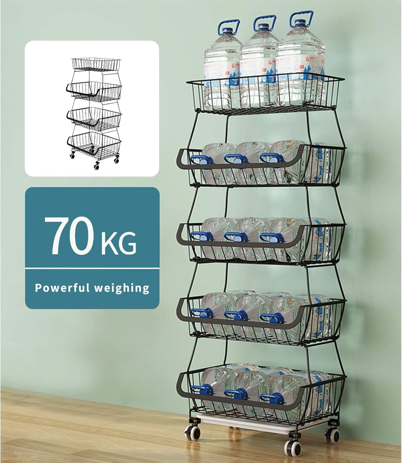 Carolyndesign Kitchen Storage Baskets Black Iron Wire Storage Bins with Wheels and Feet, Stackable Vegetable Storage Baskets (6-Tier Baskets) image number 5