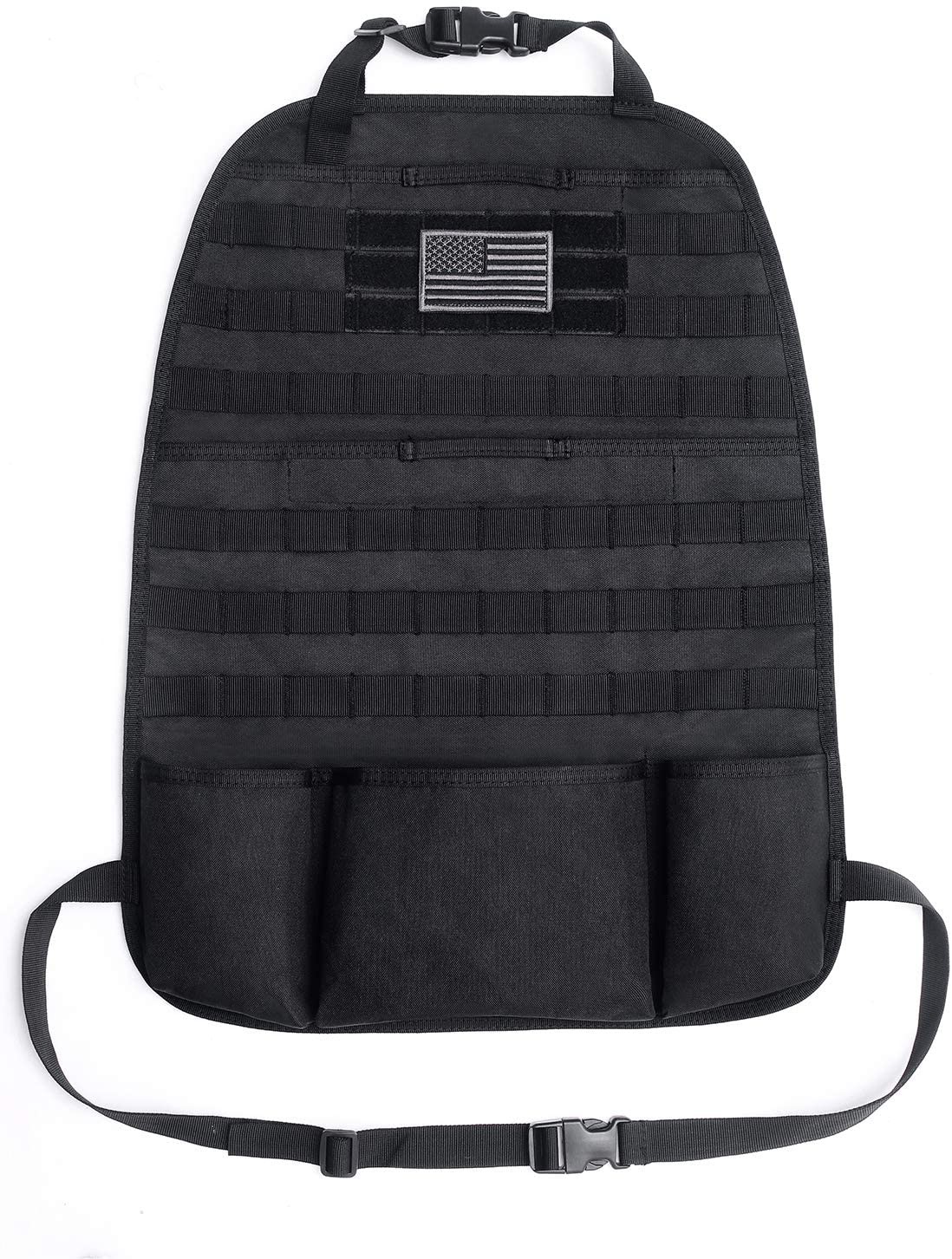 Tacticool Car Seat Back Organizer - Upgraded Tactical Molle Vehicle Panel Universal Fit Car Seat Cover Protector with Extra USA Flag Patch (2 Pack Black)