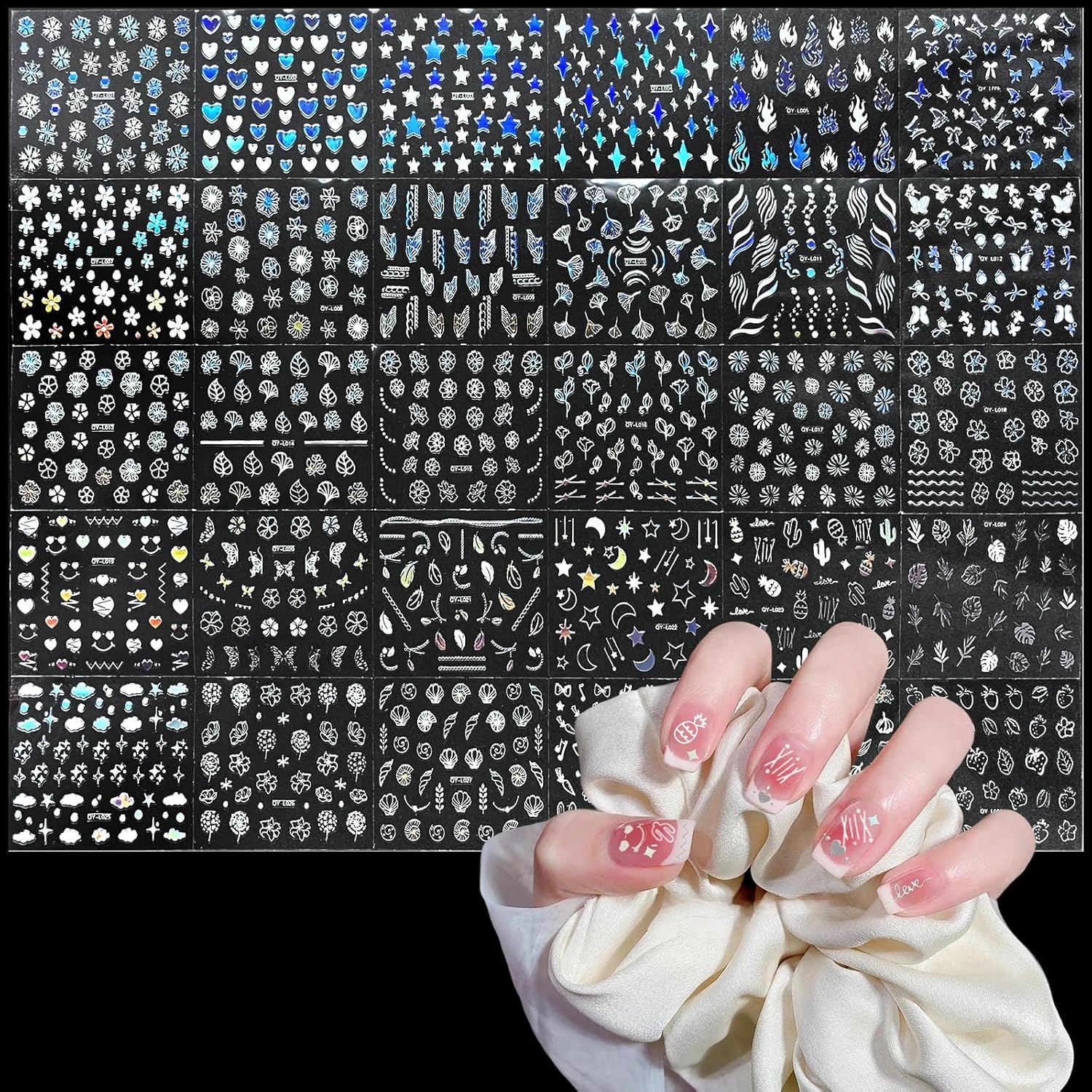 WD&CD 30 Sheets Colorful Cute Nail Art Stickers Decals Self Adhesive Nail Stickers Nail Art Supplies Colorful Flower Stickers Floral Rabbit Bear Heart Nail Designs Manicure Tips Charms Nail Decoration