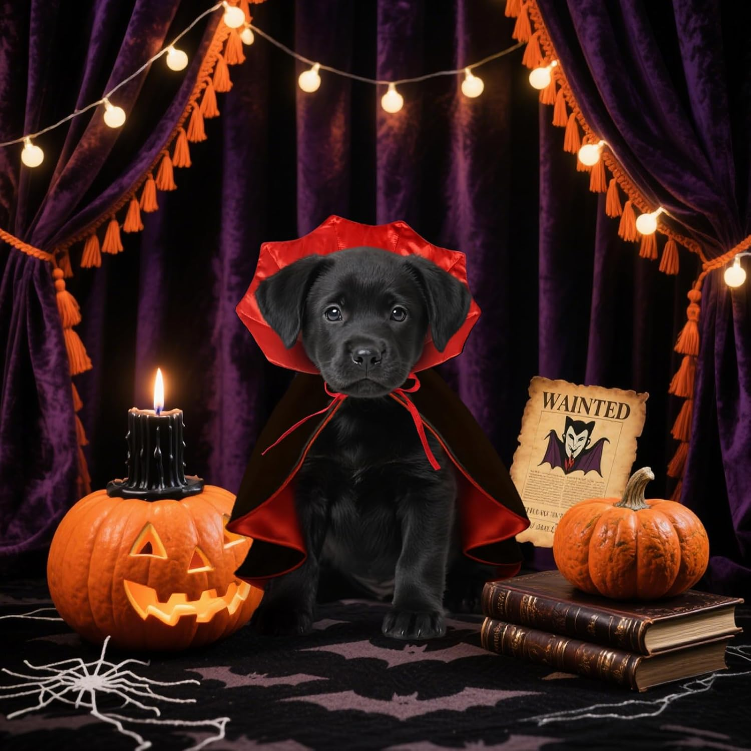 HSSPYY Halloween Dog Cape M (50Cm) &ndash; Vampire Cloak with Stand-Up Collar for Medium Dogs, Double Secure Fit (Neck & Chest), Durable & Comfortable Costume for Halloween Parties & Photos