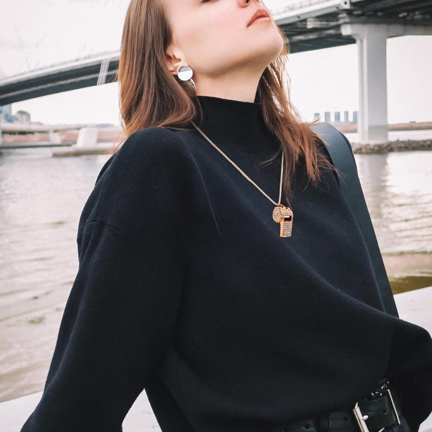 Tinoaly 2Pcs Bling Whistle Crystal Rhinestone Necklace, Metal Golden Bling Loud Crisp Sound Whistle with Chain Lanyard for Referee Coach Teacher Sports Training image number 2