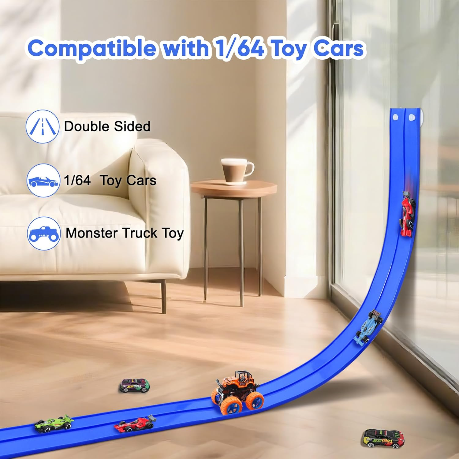 OMIPAWZ 15 Ft / 450 Cm Double Sided Flexible Rack Track Set with 6 Toy Cars for Kids image number 3