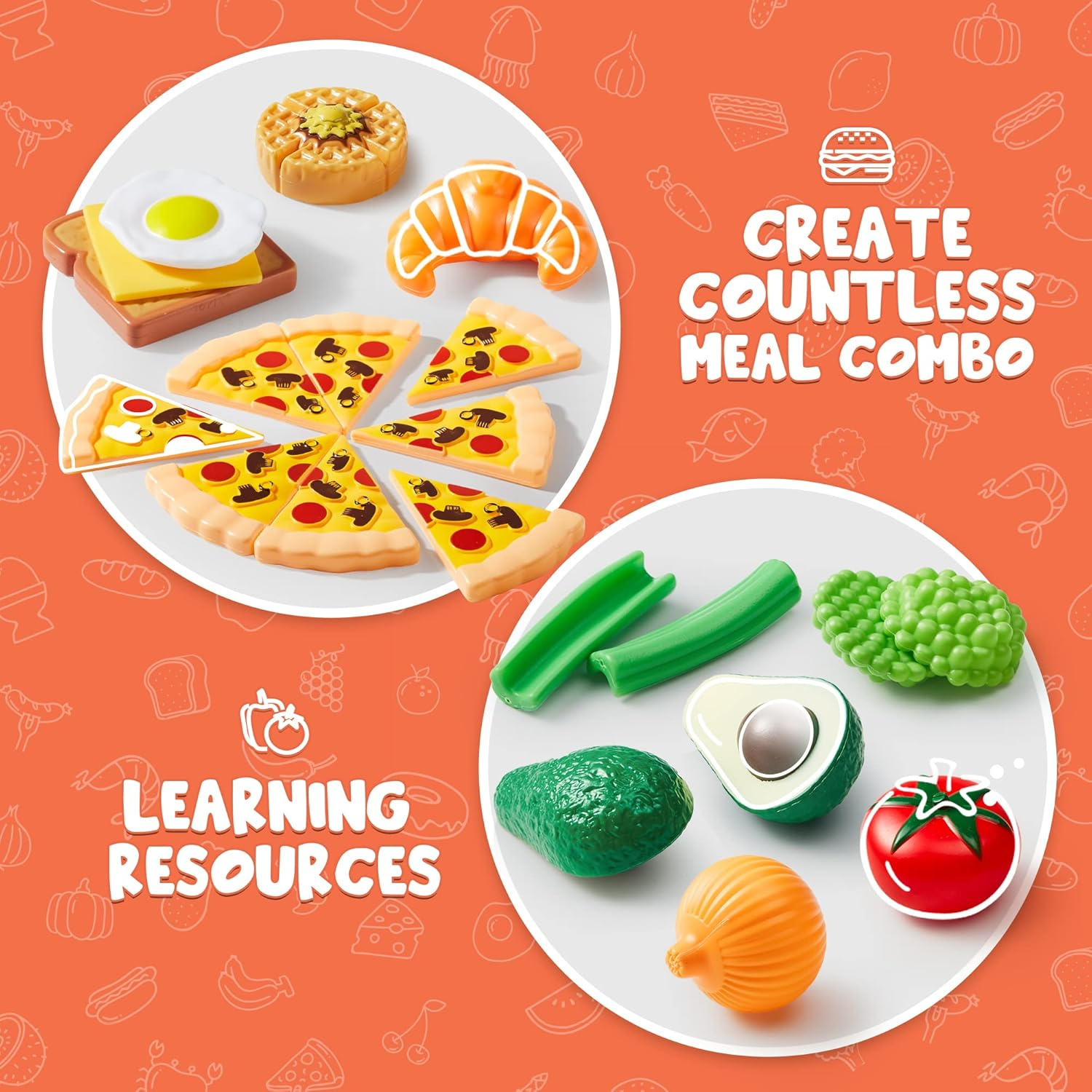 Play Food Set 135 Pieces Kitchen Set for Market Educational Pretend Playset Kids Toddlers Toys Kitchen Accessories Fake Food Party Favor Supplies Holiday image number 5