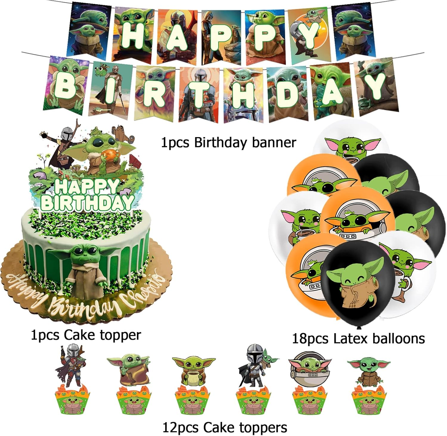 Dinoeye Baby Yoda Party Supplies Star Wars Birthday Decoration 18Pcs Balloons, 1Pcs Banner, 13Pcs Cake Toppers Green Cartoon image number 6