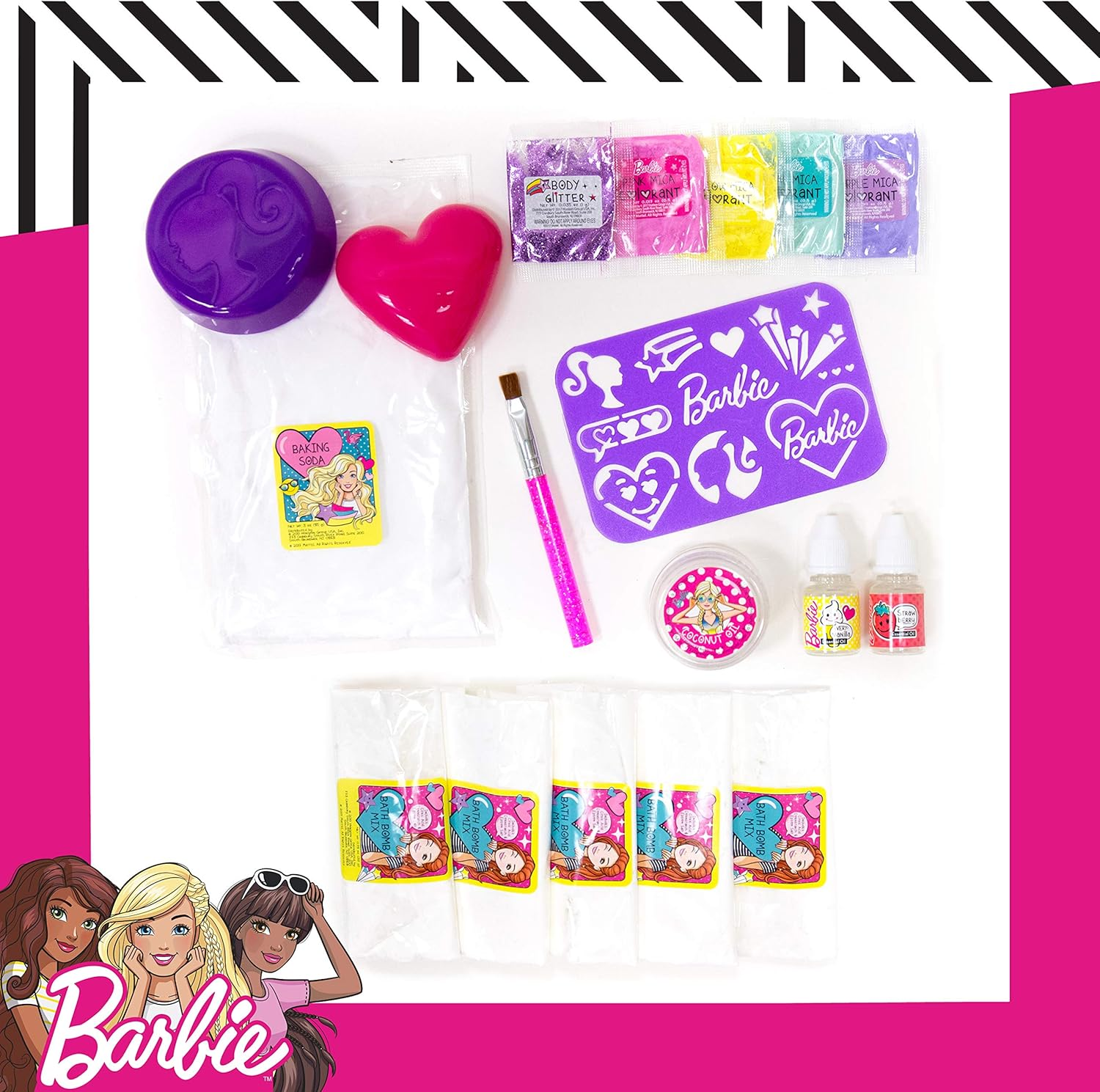 Barbie Make Your Own Bath Bomb Kit by Horizon Group USA, DIY Four Custom Colorful & Sweet-Smelling Bath Bombs, Includes Stencil, Glitter, Molds, Fragrances & More, Pink, Yellow, Teal & Purple image number 1