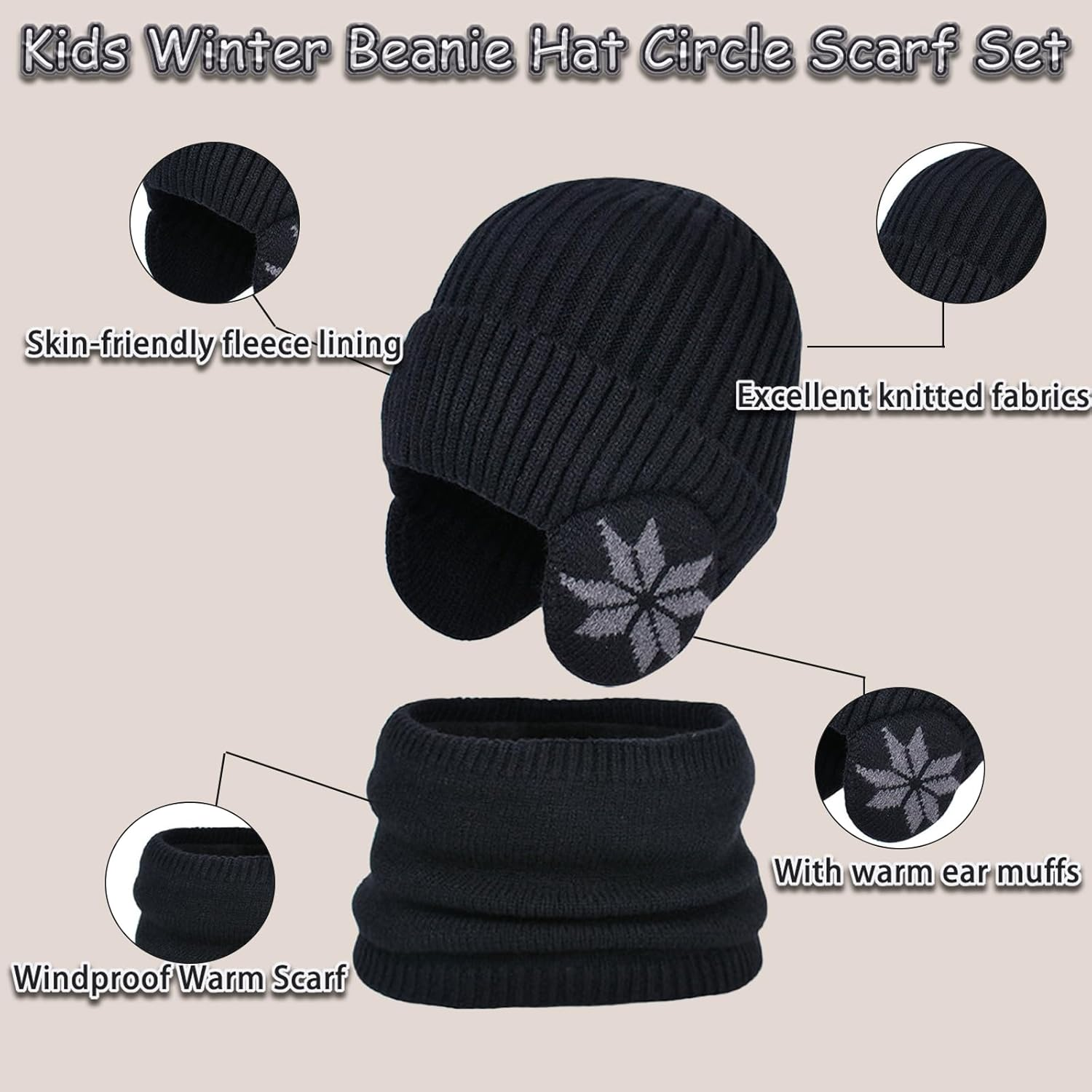 4-10 Years Kids Winter Knitted Earflap Cap Scarf Set Fleece Lined Earflap Beanies Hat Cosy Baby Warm Hat with Neck Warmer Windproof Outdoor Ski Beanies Cap Knitted Crochet Cap Children Handmade Hat image number 1