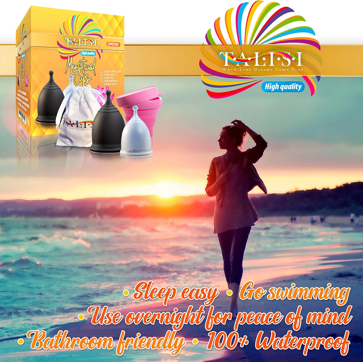 Talisi Reusable 2 Menstrual Cups - Period Cup Set for Women with Collapsible Sterilization Cup and Travel Bag - Feminine Menstruation Alternative to Tampons - Regular and Heavy Flow