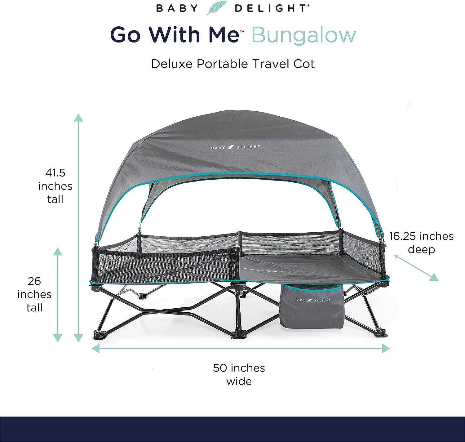 Baby Delight Go with Me Bungalow Deluxe Portable Cot, Toddler Travel Bed, Indoor and Outdoor, Sun Canopy, Grey & Teal image number 4