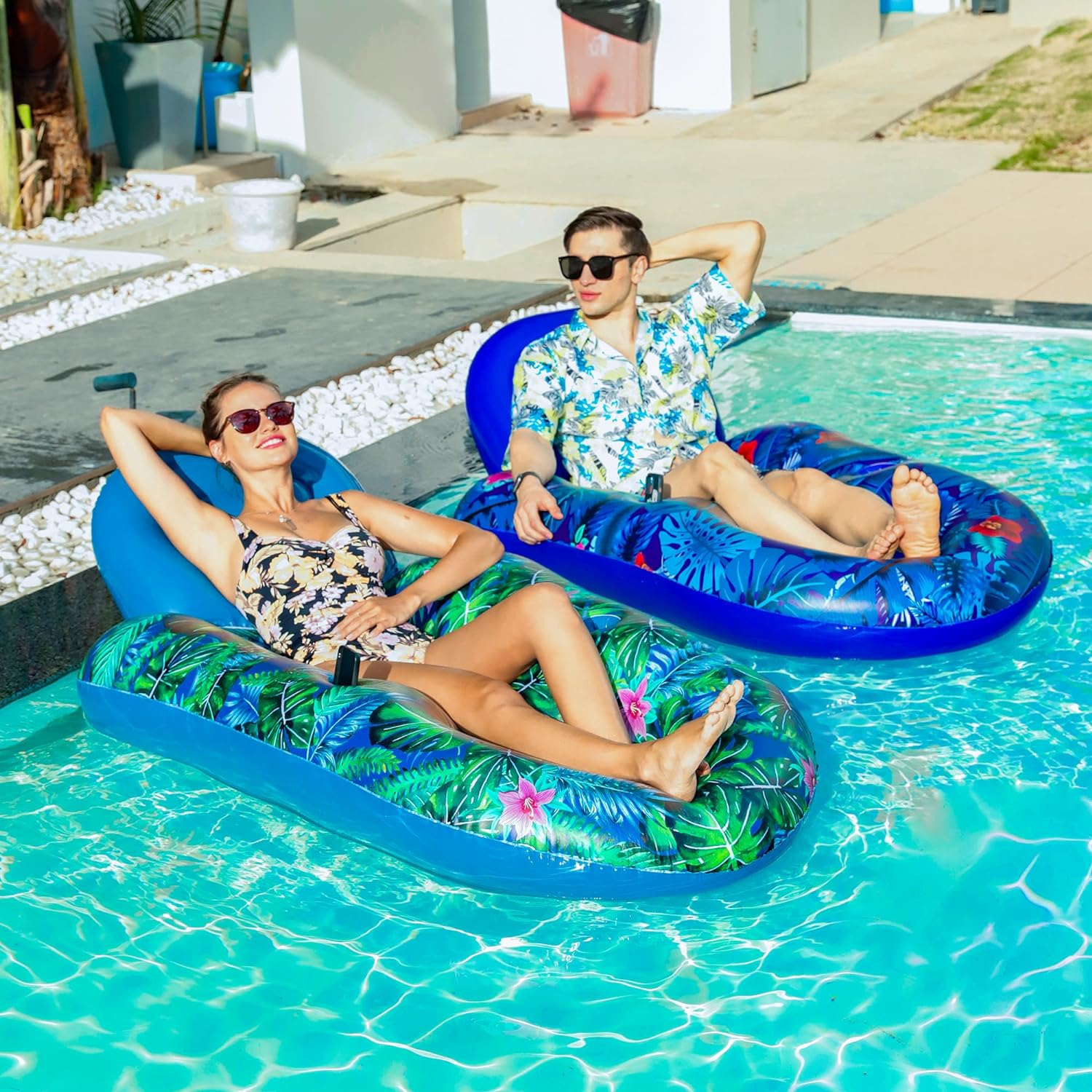 Finduwill Pool Floats Chairs Adult - 2 Pack 65'' X 42'' Large Pool Float Chairs, Inflatable Pool Lounger with Cup Phone Holder, Backrest, Footrest, Tanning Pool Lounge image number 3